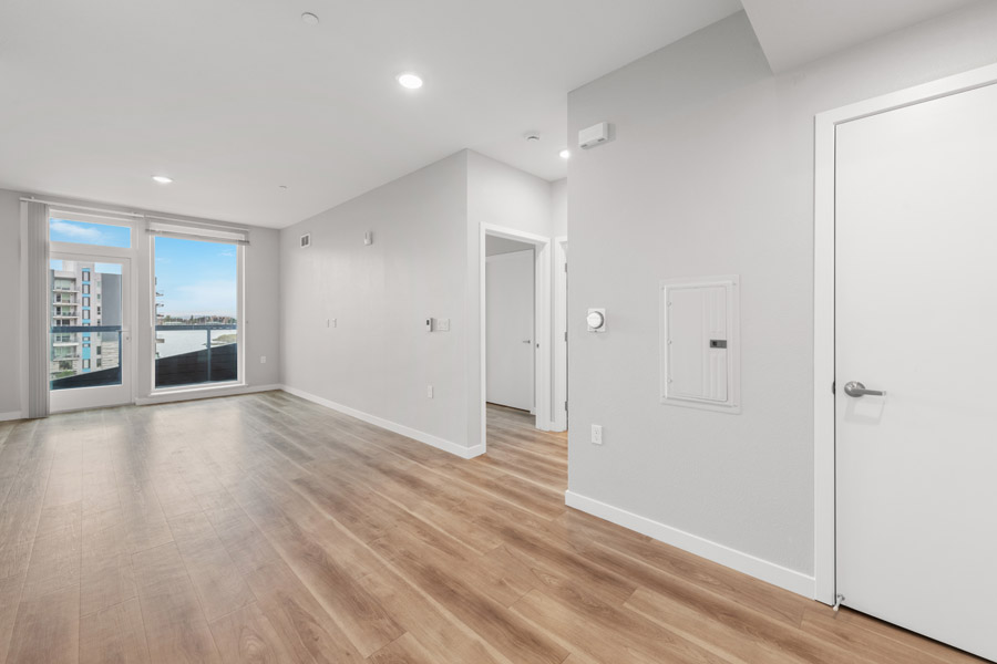 02_openfloor Open living area with wood-look flooring, large windows, and access to bedroom and bathroom.