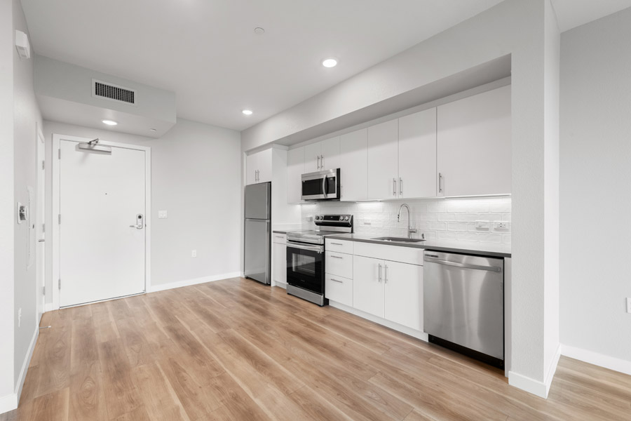 04_kitchen Kitchen with stainless steel appliances, wood-look flooring, and adjacent living area.